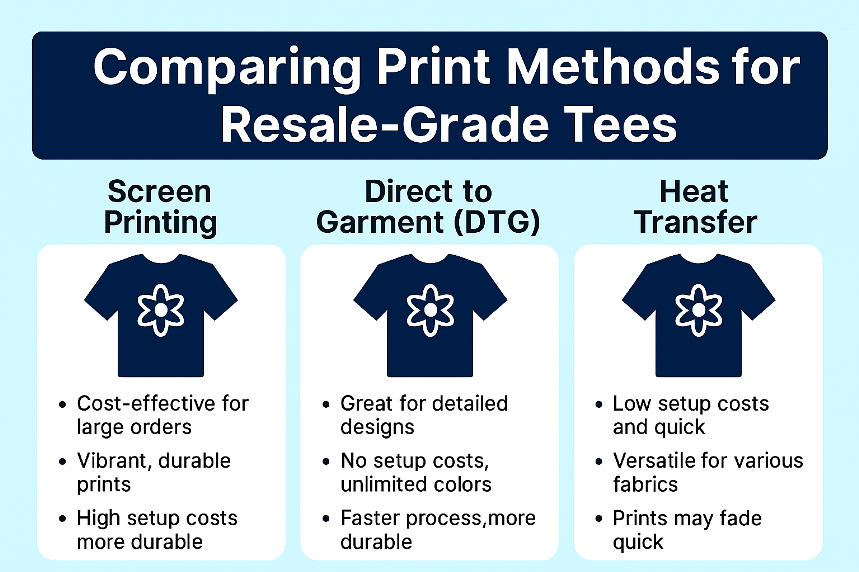 Comparison chart of print methods for custom printed t-shirts for resale including screen printing, DTG, and heat transfer with pros and cons for each.